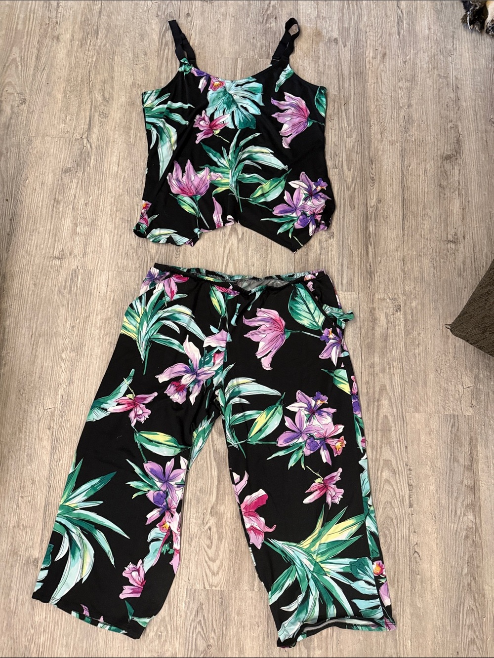 Black Floral Pajama Set with Adjustable Straps